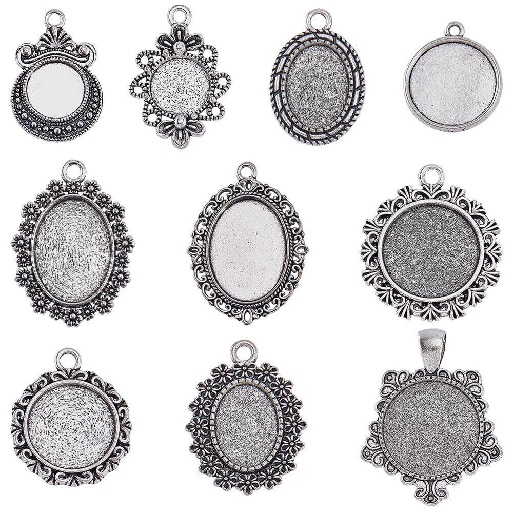 3944 1 Box 40Pcs Pendant Trays Charm Cabochon Bezels 12mm~18x25mm Round